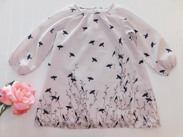 Pippa & Julie Girls 3T Neutral/Beige Dress w/ Black Birds Branches