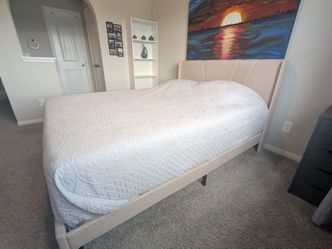Queen Size Bed Frame, Queen Bed Frame with Headboard, Linen Upholstered Wing Side Headboard, No Box Spring Needed, Heavy Duty Feet, Easy Assembly, Bei
