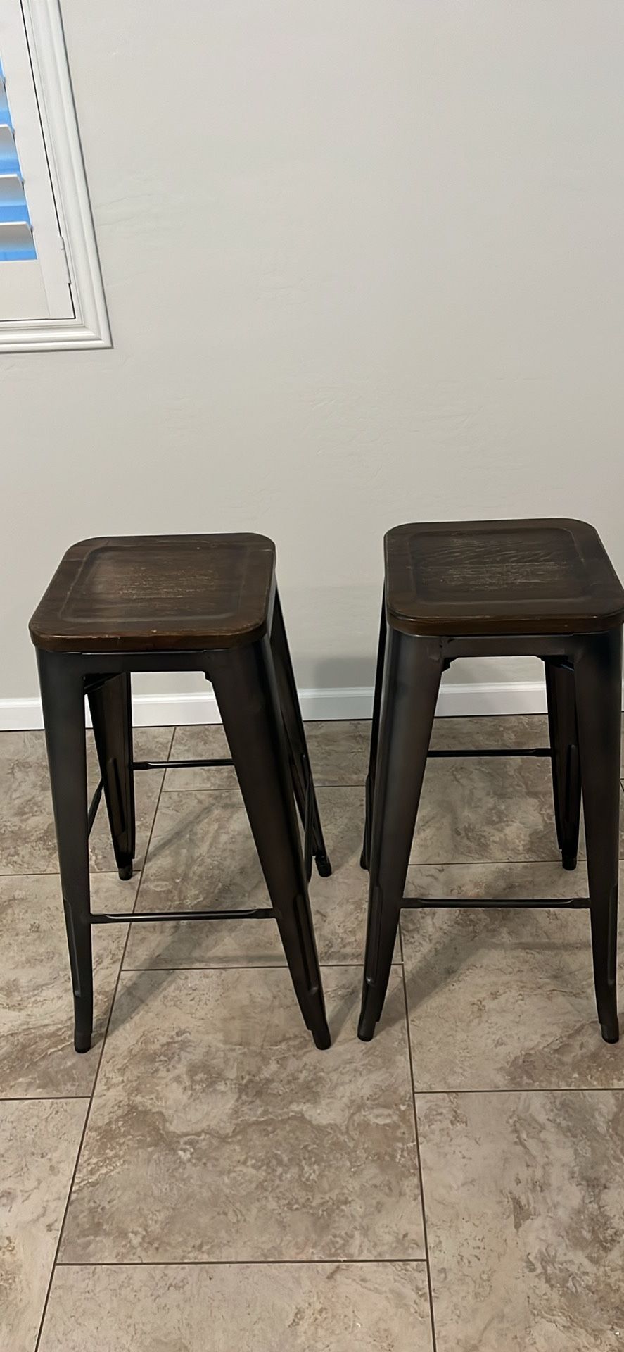 PAIR of 30" High Backless Clear Coated Metal Barstool with Square Wood Seat