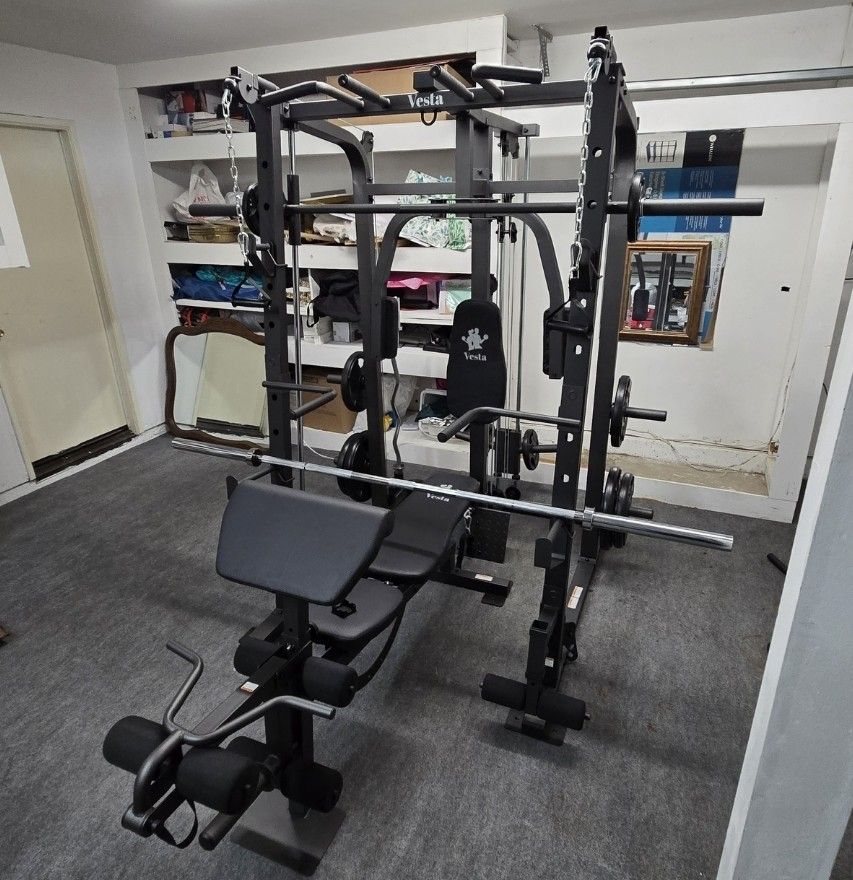 Vesta Smith Machine 1001 | Adj Bench W/ Leg Developer And Preacher Station |Gym Equipment | Fitness | Pulleys|🔴WEIGHTS AND BARBELL SOLD SEPARATELY 🔴