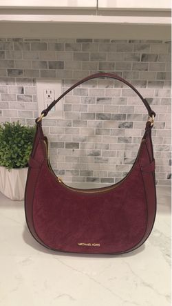 Michael Kors Preston Crescent Top Zip Burgundy Suede Hobo Shoulder Bag