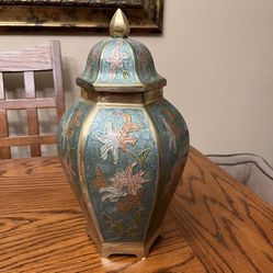 Vintage Metal Brass Vase with Intricate Enamel Inlays, 12" Tall, Heavy Duty, Home Decor, Table Display, Shelf Display, 