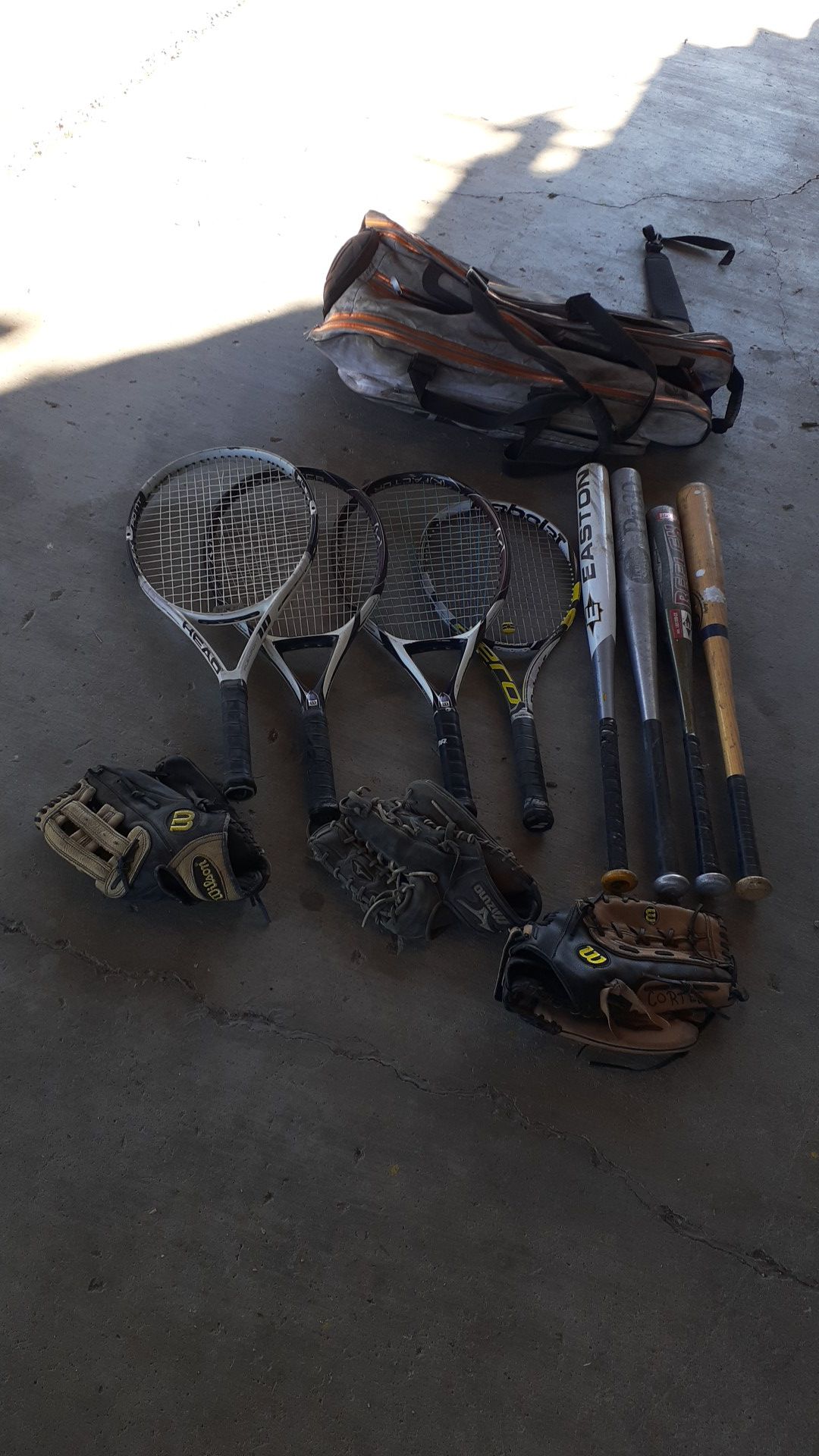 Sporting goods, 4 tennis racquets, Softball bats and gloves