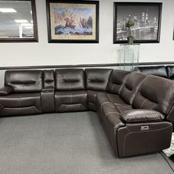 Brown Leather Sofa Sectional w/ Power Motion Recliners & USB Ports