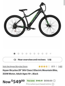Hyper Bicycles 29" 36V Class 2 Electric Mountain Bike, 350W Motor, Adult Ages 14+, Black