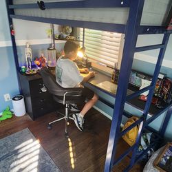 Navy Blue Twin Loft Bed With Built-in Desk And Shelves 
