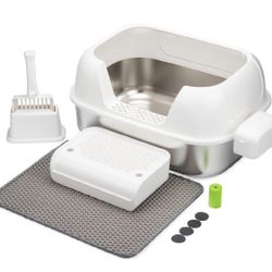 NEW Stainless Steel Cat Litter Box with Scoop and Mat and Foot Board New, Open Box 23.5" x 17" x 11.7"