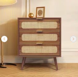 Walnut 3-Drawer Wood Rattan Storage Nightstand (23.6 in. D x 15.35 in. W x 29.5 in. H)