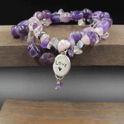 7 Inch Sterling Silver Rustic Love Charm Amethyst Expandable Bracelet