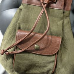 Vintage Fossil Green Bucket Bag w/Adjustable Strap, Brown Leather, Vtg Purse