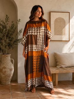 Long  silky satin slip Kaftan Dress Geometric  with scarf Boat Neck One Size