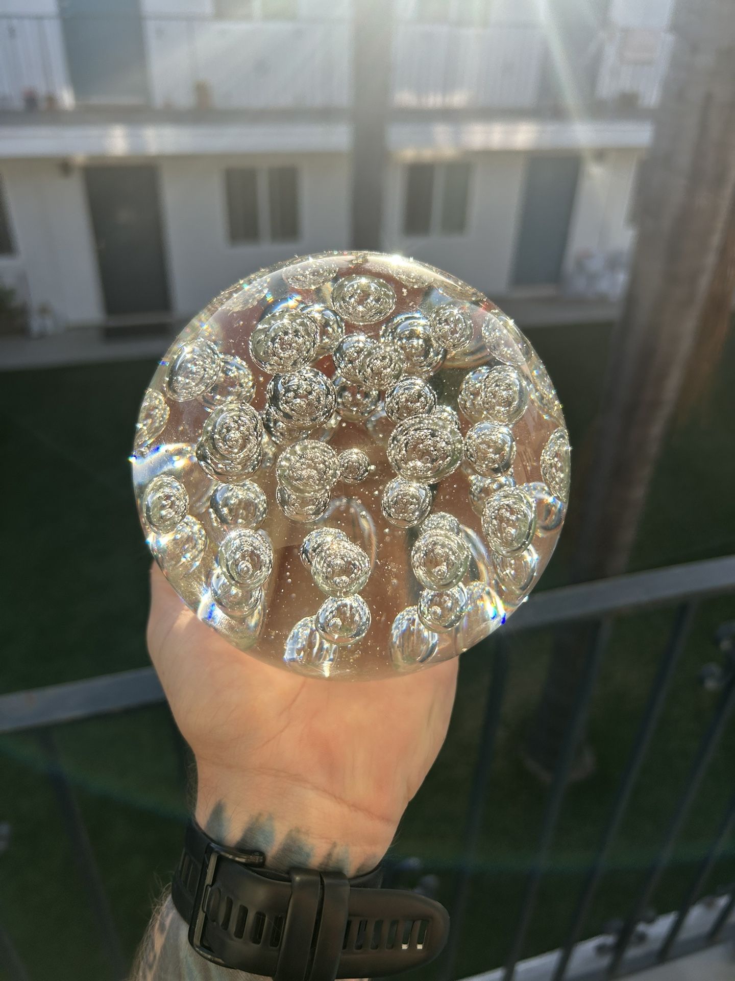 Large Clear Art Glass Orb Sculpture or Paperweight with Bubbles