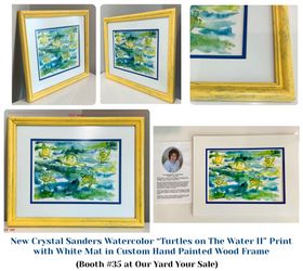 New Crystal Sanders Watercolor “Turtles on The Water II” Print w White Mat in Custom Hand Painted Frame