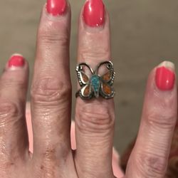 Sterling Silver Turquoise Coral Chip Inlay Butterfly 🦋 Ring