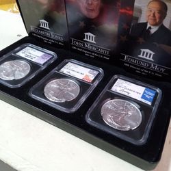 2019 Silver Eagle $1 - Hand Signed Jones-Mercanti-Moy 3-Coin Set MS 70 