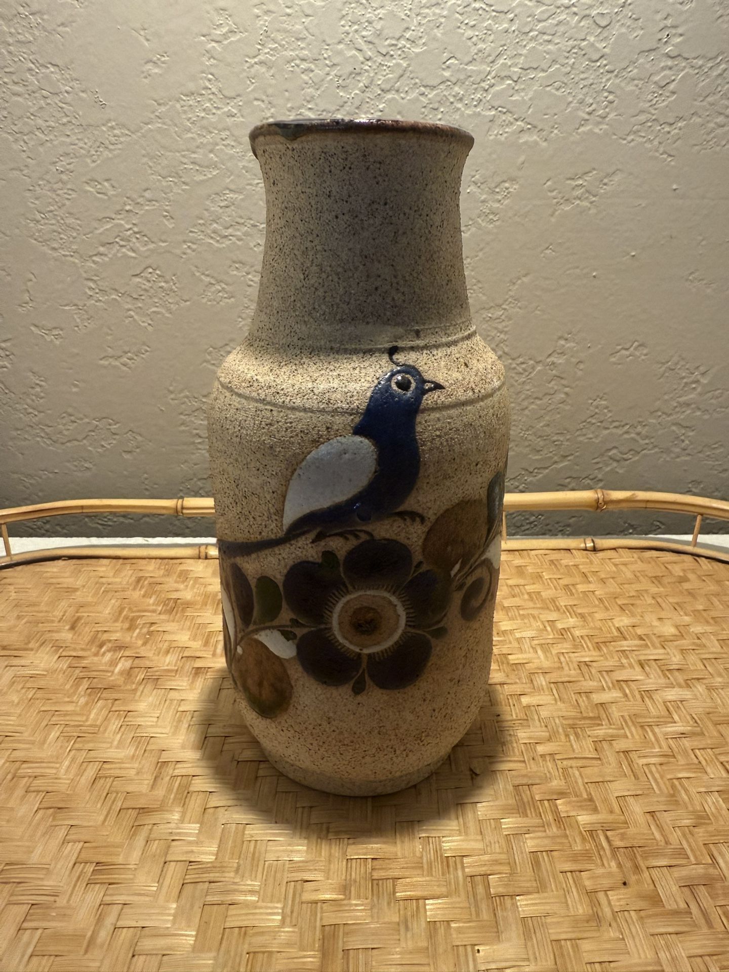 Vintage Handcrafted Mexican Stoneware Vase – Bird & Floral Design