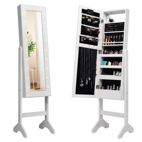 Mirrored Jewelry Cabinet Organizer 18 LED lights White