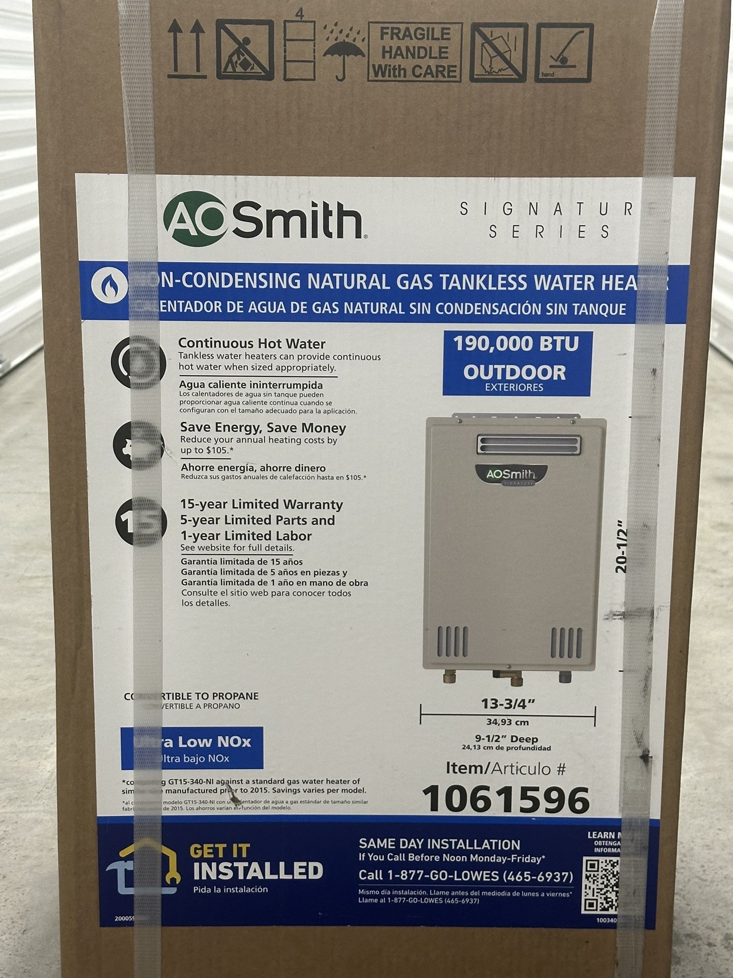 AO Smith Natural Gas Tankless Water Heater 190000 BTU