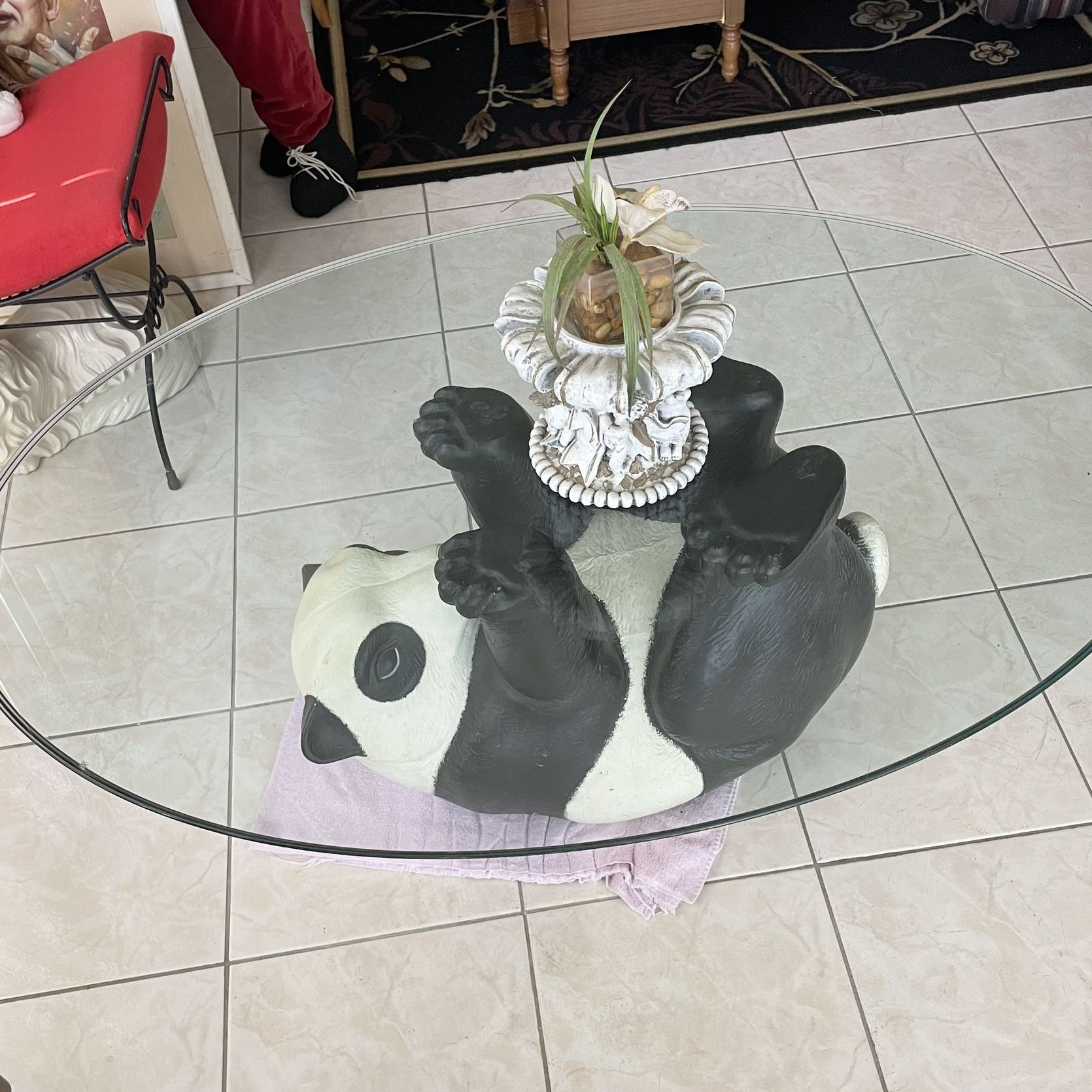Panda Bear Coffee Table Oval Glass Top 34” X 45” X 1/2” With A Heavy Panda Bear Base