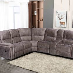 New Power 3 Reclining Sectional.  Brown Or Grey Velvet Or Black Leather.  116” X 104” X 41”H.  Free Delivery!