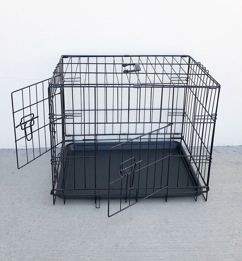 (NEW) $30 Double Door 24” Dog Crate Cage Folding Metal Kennel, Plastic Tray 24x17x19 Inches
