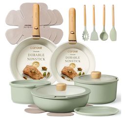 CAROTE 19pcs Pots and Pans Set Non Stick, Detachable Handle Cookware, Green