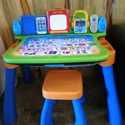 Vtech Activity Desk With Stool And 2 Playing Mat Cards.