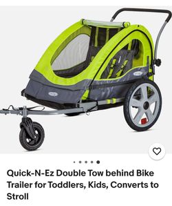 Quick-N-Ez Double Tow behind Bike Trailer for Toddlers, Kids, Converts to Stroll