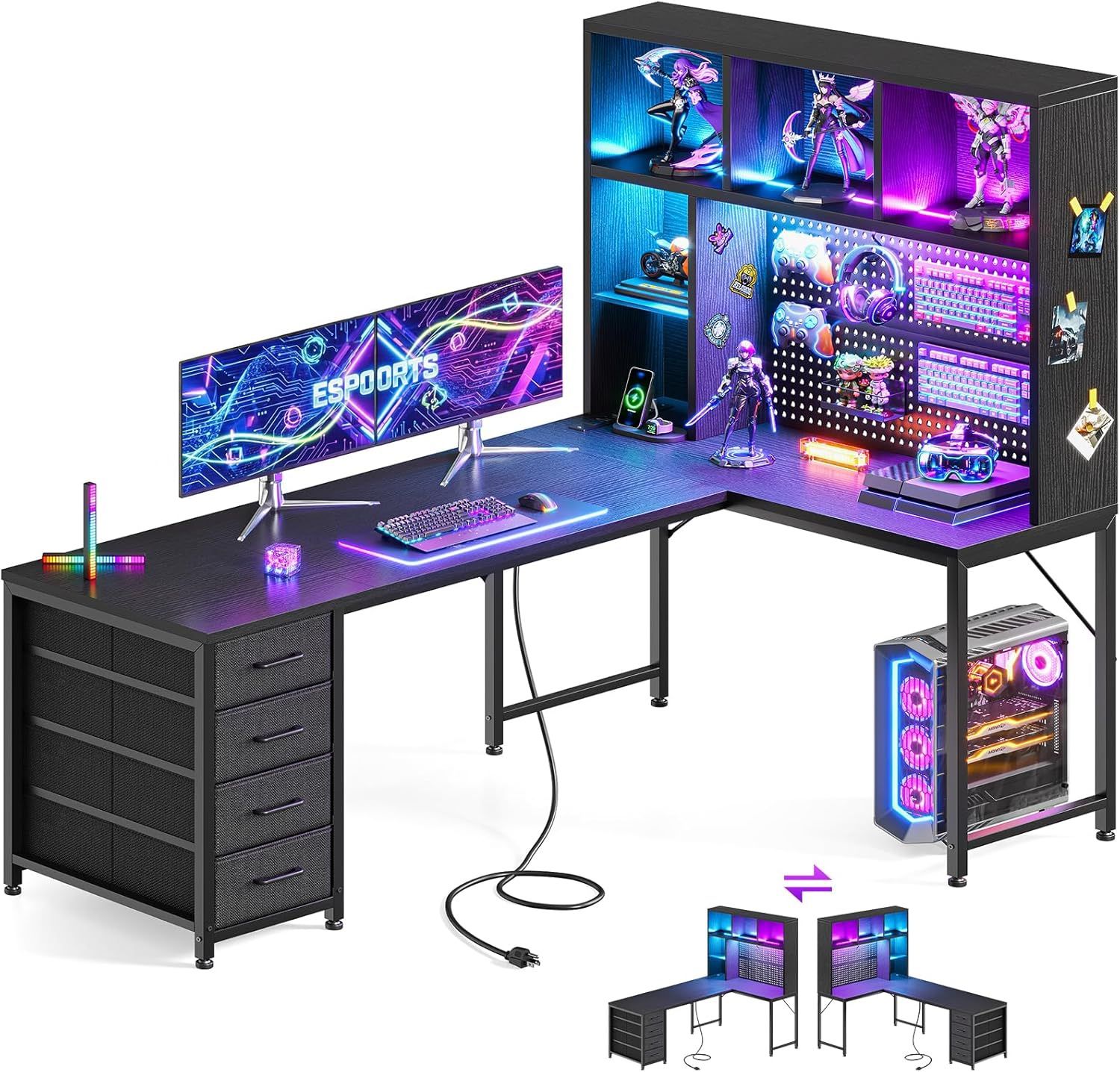 63" L Shaped Gaming Desk with Hutch, Storage & Shelves, L Shaped Desk with 4 Drawers, Inserted LED Light Strip & Power Outlets, Computer Desk with Peg
