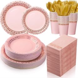 700 Pcs Disposable Dinnerware Set for 100 Guests Include 200 Paper Plates, 300 Plastic Silverware, 100 Paper Cups, 100 Napkins for Wedding Birthday Pa