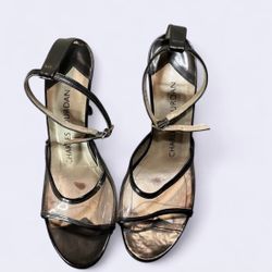 Vintage CHARLES JOURDAN women's high heels size 6.5 black patent clear 4" heel