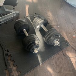 Two 48lbs  Dumbbells With  Workout Bench With Free Pull Up Rings And Chest Weight Jacket