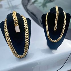 Miami Cuban Link Gold Plated Chain & Bracelet Matching Sets 
