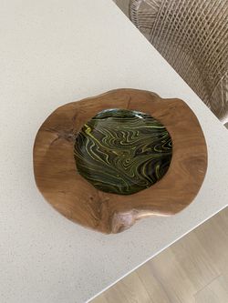 Decorative Teak Bowl with Marble Pattern Interior - 12"Dia. x 3" - Brown, Green