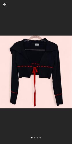 Black cropped cardigan with red tie
