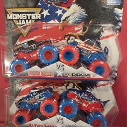 MONSTER JAM STARS and STRIPS GRAVE DIGGER vs JCB DIGATRON and EL TORO LOCO vs MEGALODON Series 1, 2 packs 1/64 scale Walmart Exclusive VHTF,.