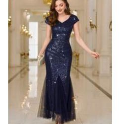 MIUSOL V-NECK Full Sequin Evening Party Fitted Long Dress