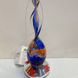 Blue/Orange Evergreen Swirl Design Art Glass Hummingbird Feeder