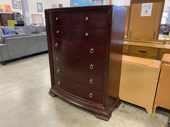 Cherry Finished 8 Drawer Tallboy Breakfront Dresser with Silver Loop Pulls