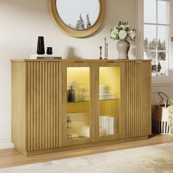 55'' Sideboard Buffet Credenza with Glass Doors LED Light Fluted Adjustable Shelves,Natural Oak