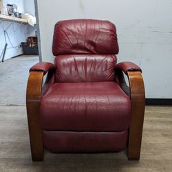 Contemporary Red Genuine Leather Recliner Chair with Wooden Arms