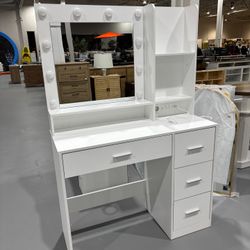 M-New (Different handles) White Vanity Desk with LED Lighted Mirror, Makeup Vanity Desk with 4 Drawers Storage & Power Outlet, 3 Color Modes & Adjusta