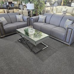 Brand New Gray Linen Modern Sofa + Loveseat 2PCs Set