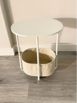 Modern White Side Table with Storage Basket