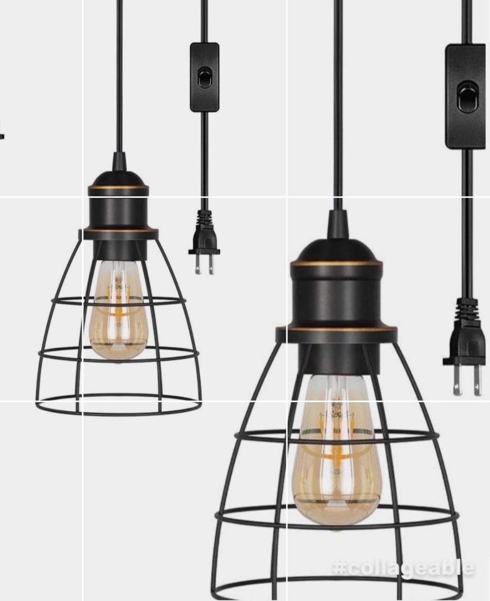 Set of 2 Plug in Pendant Light, Black Farmhouse Cage