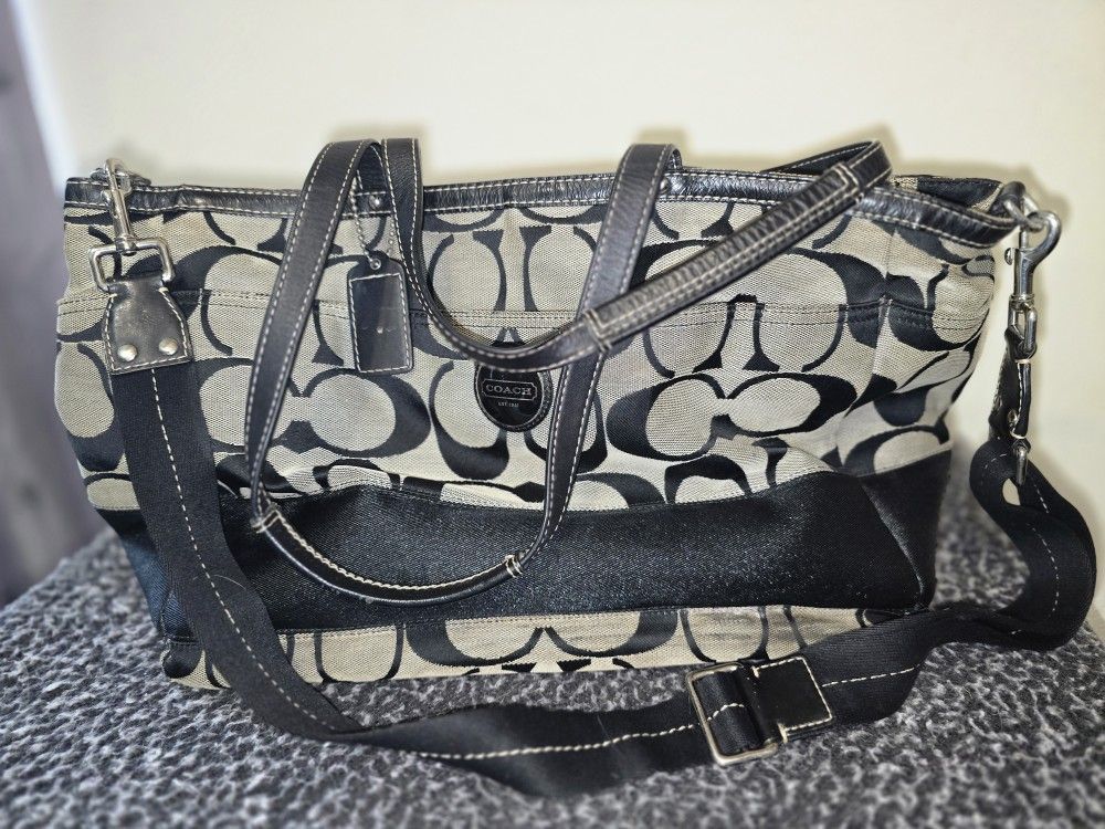 Vintage Coach F19202 Lurex Signature C X-Large Brown/Black Canvas Tote Bag Travel