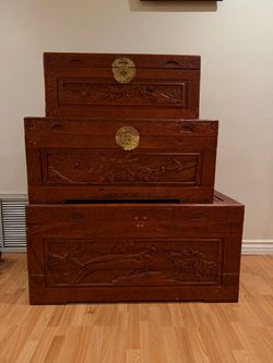Set of 3 vintage Carved Wooden Chests with Brass Hardware