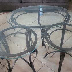 3-Piece Brown Metal & Tempered Glass Living Room Table Set – Coffee Table + 2 End Tables