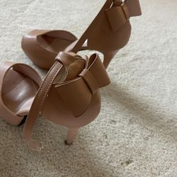 Tan Bow Decor Peep Toe Stiletto Heeled Ankle Strap Pumps Size 8.5/ Eu39
