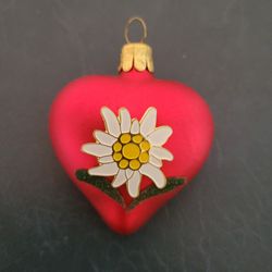 Christmas Ornament - Heart Shaped, Red Glass with Edelweiss Flower